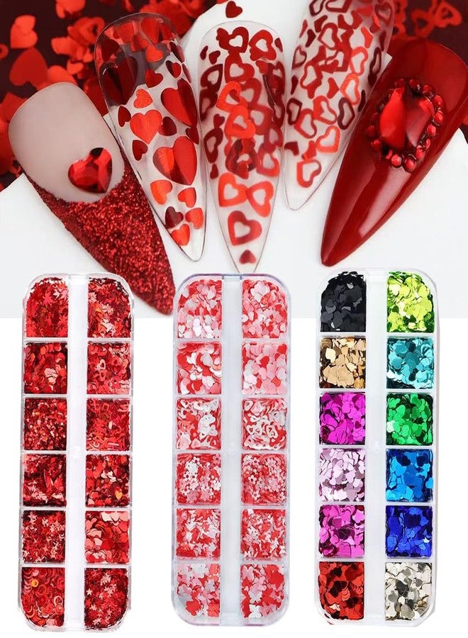 CTTHNBD Valentine's Day Nail Art Glitters Sequins, 3 Boxes Holographic Hearts Nail Art Flakes Red Heart Glitter Sticker Decals Mixed Color Hearts Nail Sequins for Manicure DIY Decorations 36 Styles - Image 1